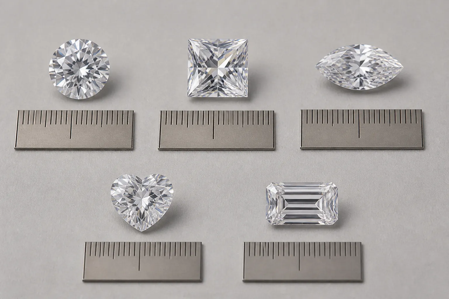 zirkonia steine - Nahaufnahme verschiedener Zirkonia-Schliffformen (Brillant, Princess, Navette, Herz, Baguette) auf neutralem Hintergrund, mit Größenvergleich in Millimetern