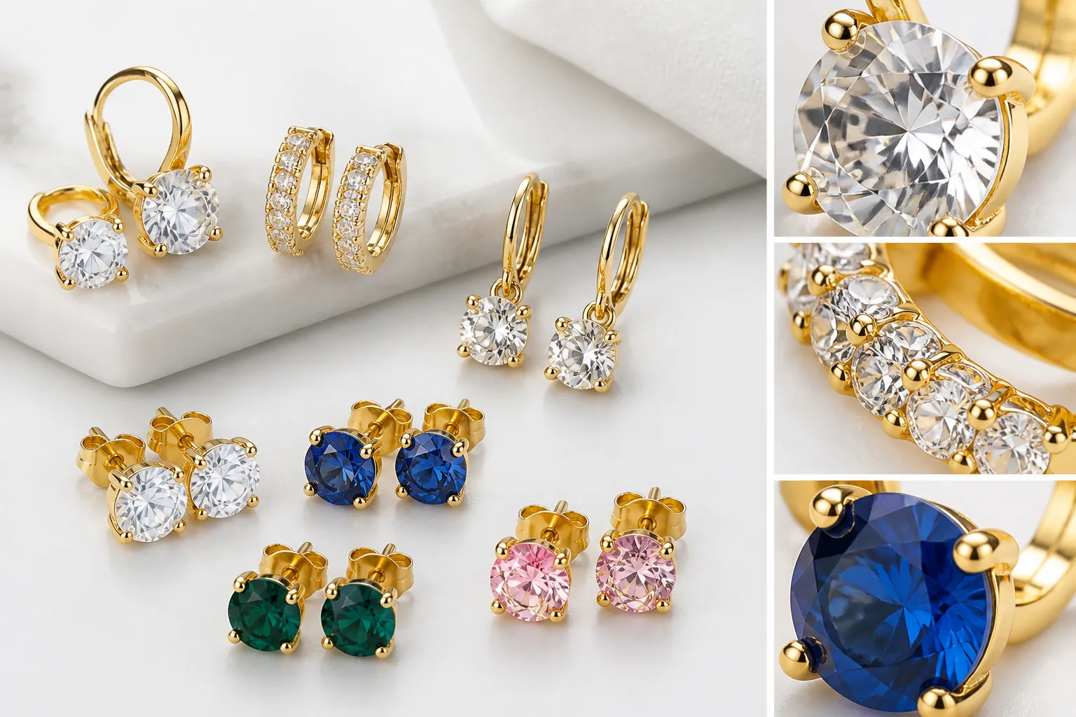 zirkonia steine - Studioaufnahme eines Modeschmuck-Ohrring-Sets mit eingesetzten klaren und farbigen Zirkonia-Steinen in Brillantschliff, auf einer vergoldeten Kupferfassung — mit beschrifteten Detailausschnitten zu Fassung und Steinqualität
