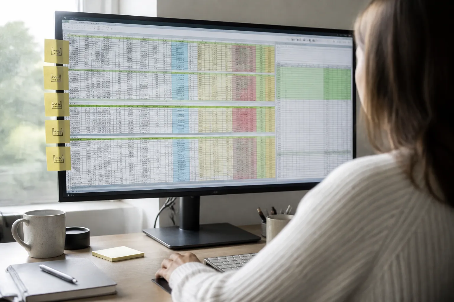 manufacturers synonyms - Photorealistic over-the-shoulder shot of a sourcing buyer seated at a clean desk, reviewing a multi-tab supplier comparison spreadsheet on a large monitor, sticky notes with handwritten factory names on the left bezel, natural morning window light, documentary photography style