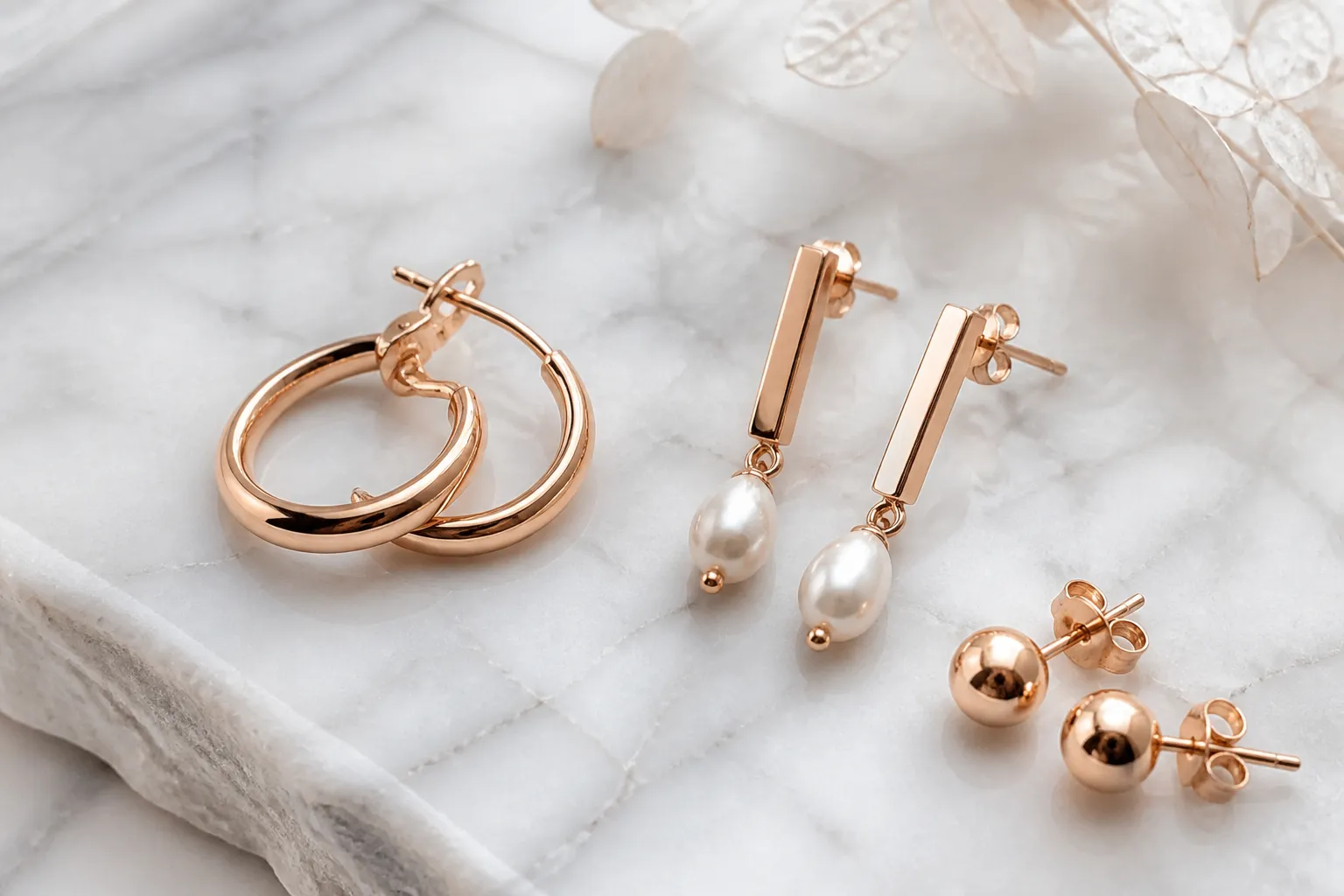 pendientes oro rosa - Flatlay editorial de pendientes oro rosa en diferentes estilos —argollas, colgantes tipo barra con perla y studs minimalistas— sobre superficie de mármol blanco, mostrando la variedad de acabados de chapado disponibles en catálogo