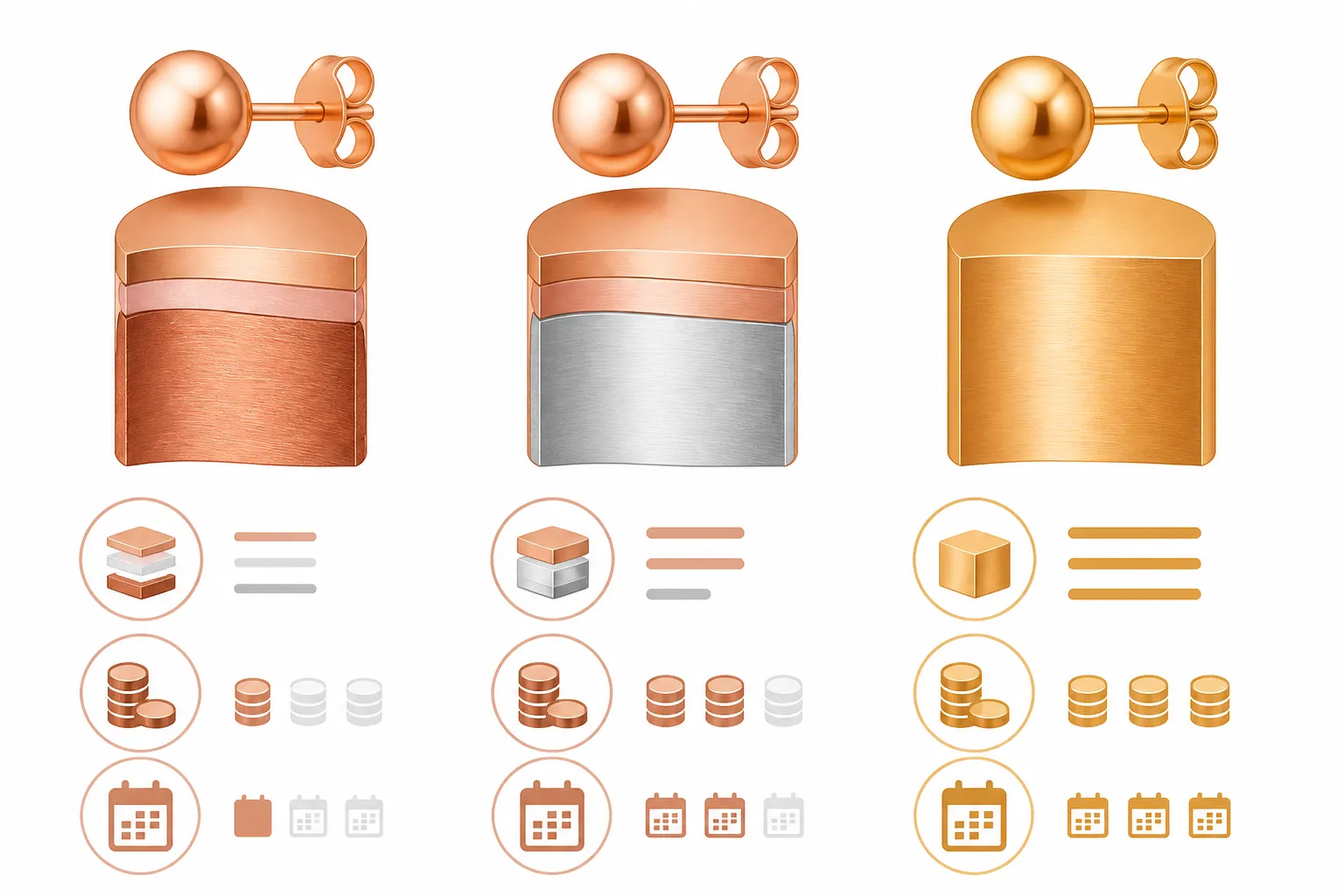 pendientes oro rosa - Diagrama comparativo mostrando tres niveles de acabado en pendientes oro rosa —chapado estándar sobre cobre, vermeil sobre plata 925 y oro sólido 14k— con indicación de micras de chapado estimadas, precio relativo y durabilidad esperada en uso cotidiano