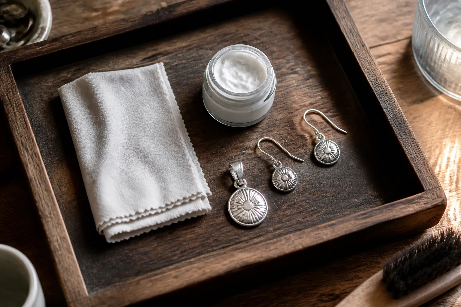 schmuck silber - Redaktionelles Draufsicht-Foto eines Holztabletts mit Silberschmuck-Pflegeutensilien: ein gefaltetes weißes Poliertuch, ein kleines Glas mit Silberputzpaste, zwei Silberohrringe und ein Kettenanhänger, natürliches Tageslicht von einem Fenster rechts, authentische Arbeitsatmosphäre ohne künstliche Requisiten