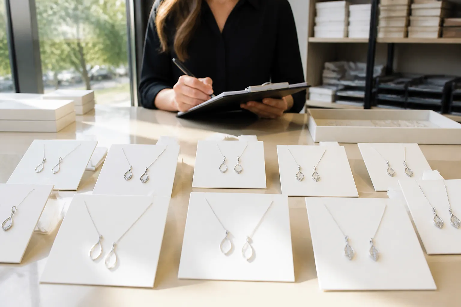 schmuck silber - Photorealistisches Foto einer professionellen Schmuckmusterpräsentation in einem hellen Showroom: ordentlich arrangierte Ohrringen und Halskettensets auf weißen Displaykarten, eine Person im Hintergrund macht Notizen auf einem Klemmbrett, natürliches Tageslicht, geordnete Regale mit Verpackungsmaterial sichtbar