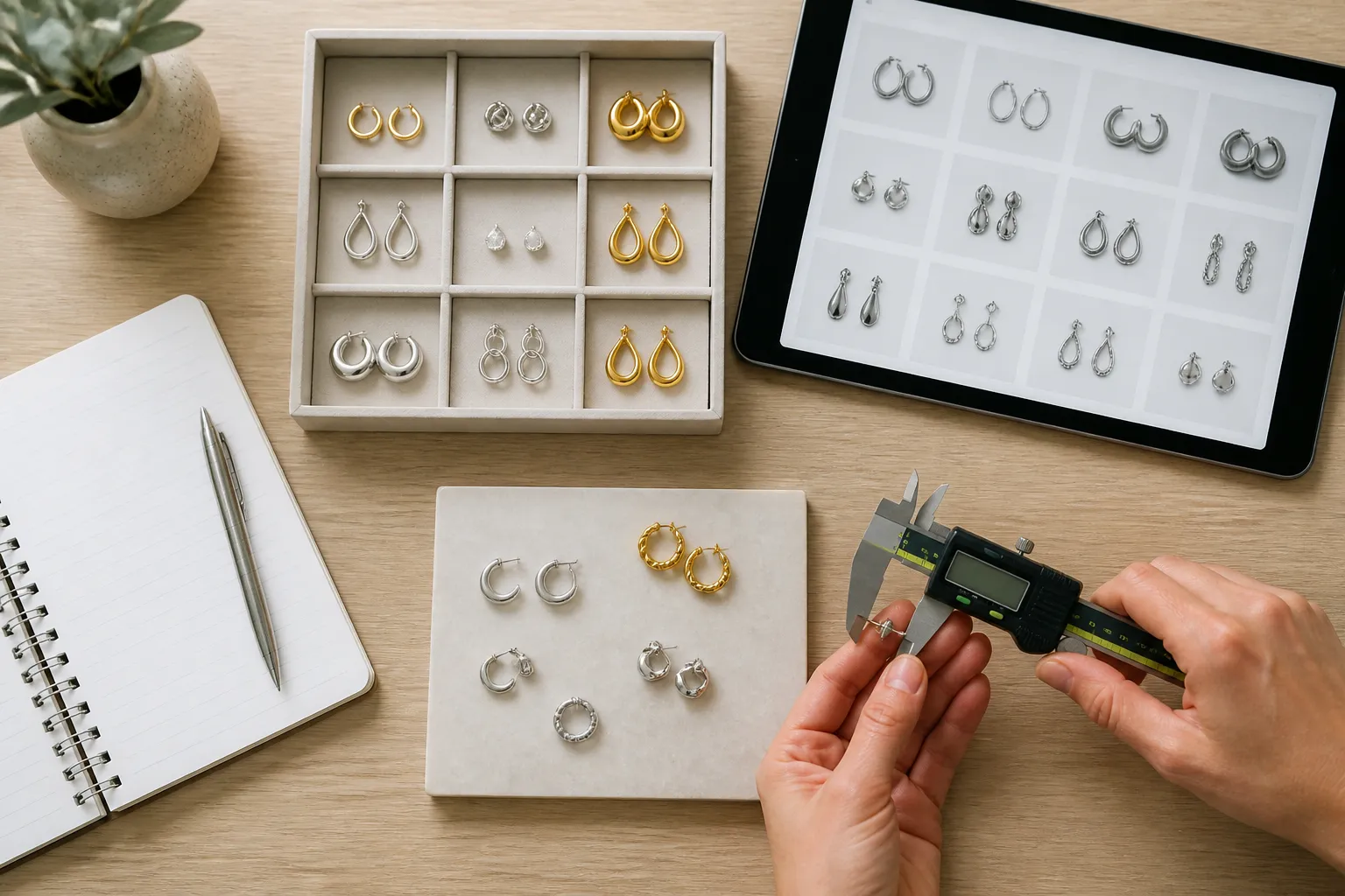 bijoux argent - Editorial overhead photo of a professional procurement workspace: rhodium-plated and gold-plated earring samples arranged in a small labeled tray on a light oak desk, a tablet displaying a jewelry catalog grid with silver-tone pieces, handwritten order notes in a spiral notebook with a pen resting on it, a small digital caliper measuring a stud earring, natural diffused daylight from above