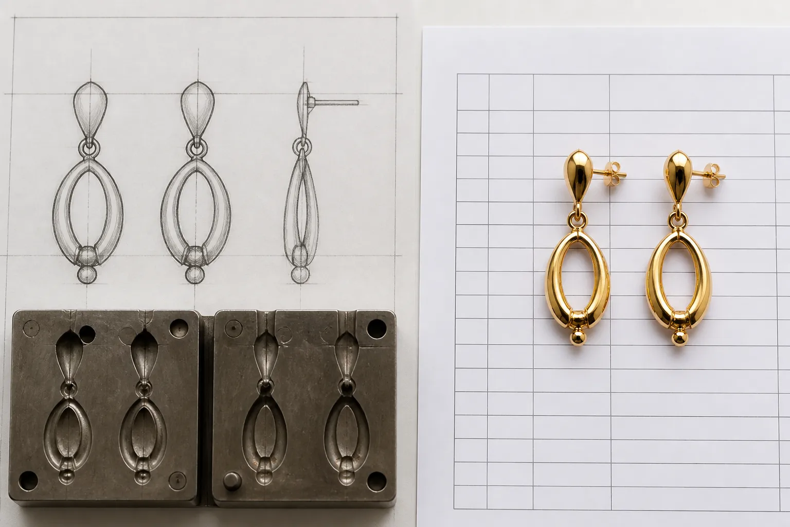 custom jewelry - Side-by-side flatlay comparing a traditional custom jewelry sketch and casting mold next to a finished gold-plated drop earring set laid on a factory QC inspection sheet — illustrating the design-to-production spectrum buyers face when choosing between bespoke custom work and catalog-OEM sourcing
