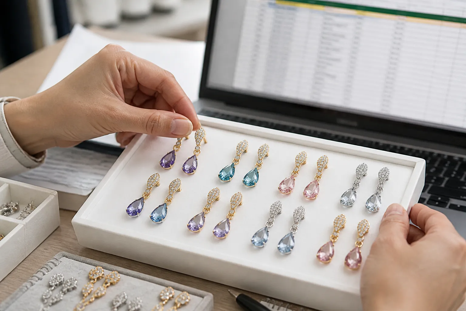 custom jewelry - Editorial photo of a procurement buyer reviewing two-tone rhinestone and gradient crystal earring samples alongside a sourcing spreadsheet — gold-plated and rhodium-plated finishes laid out for comparison — showing the evaluation process importers use when shortlisting catalog-OEM suppliers against bespoke custom jewelry options