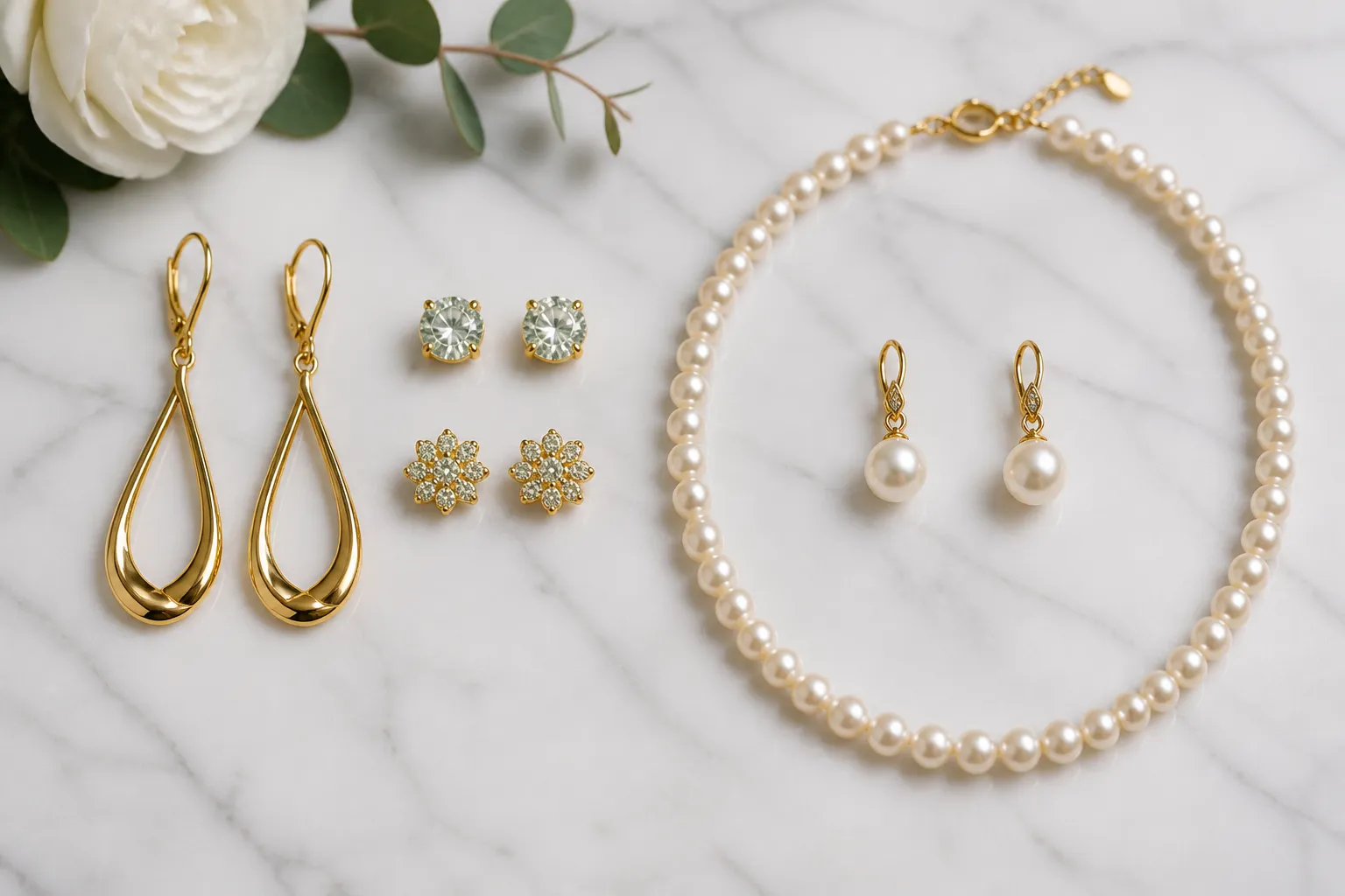 modeschmuck hochwertig - Photorealistic flat-lay on a white marble surface showing a curated selection of fashion jewelry — gold-plated drop earrings, rhinestone stud earrings, and a pearl necklace-and-earring set arranged symmetrically, soft diffused studio light highlighting the surface finish and material texture