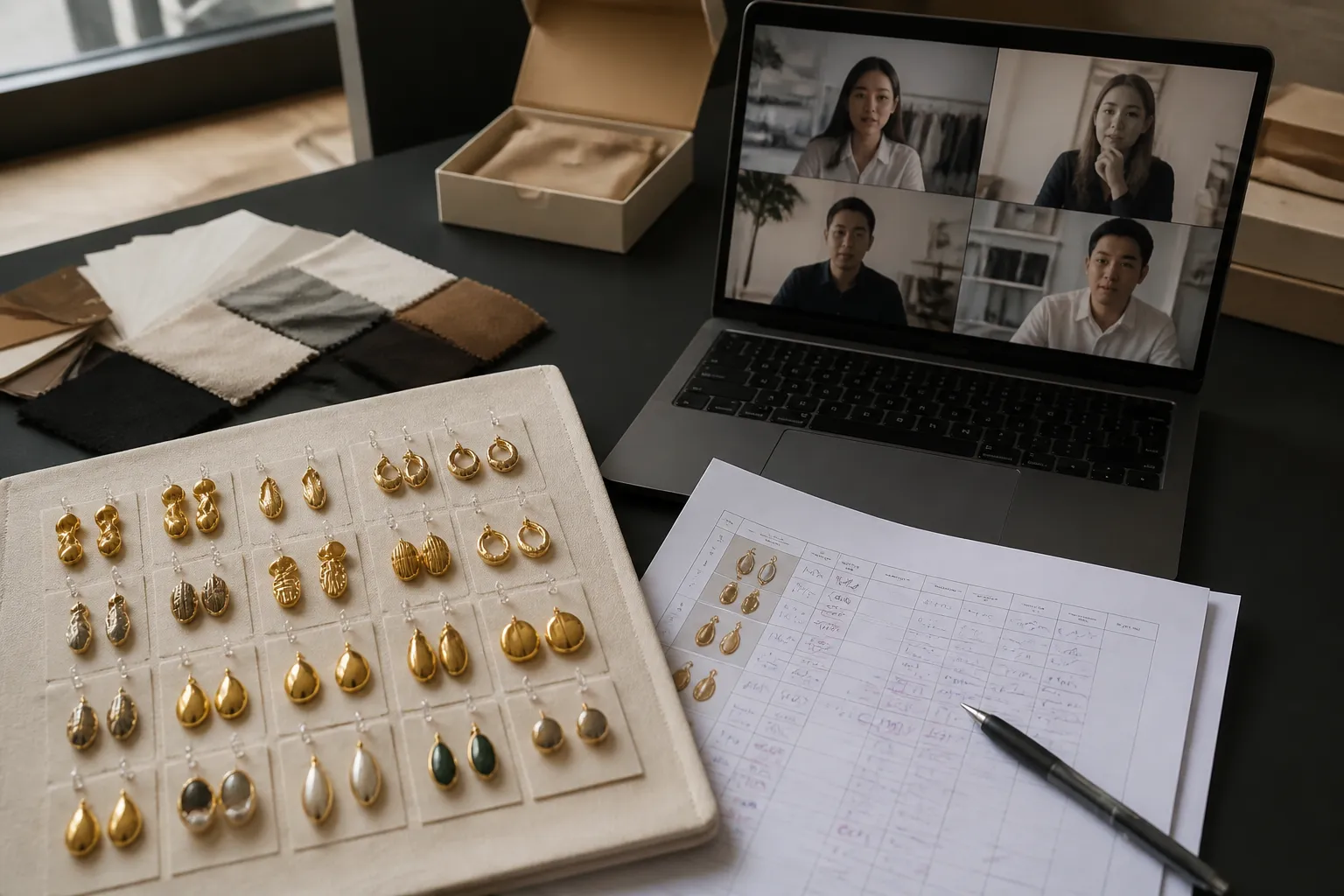 modeschmuck hochwertig - Editorial top-down photo of an international trade desk: a physical sample card of gold-plated fashion jewelry earrings pinned to a board, a printed MOQ specification sheet with handwritten notes, a laptop showing a video call in progress, and packaging prototypes in the background — natural window light, matte desk surface, documentary feel