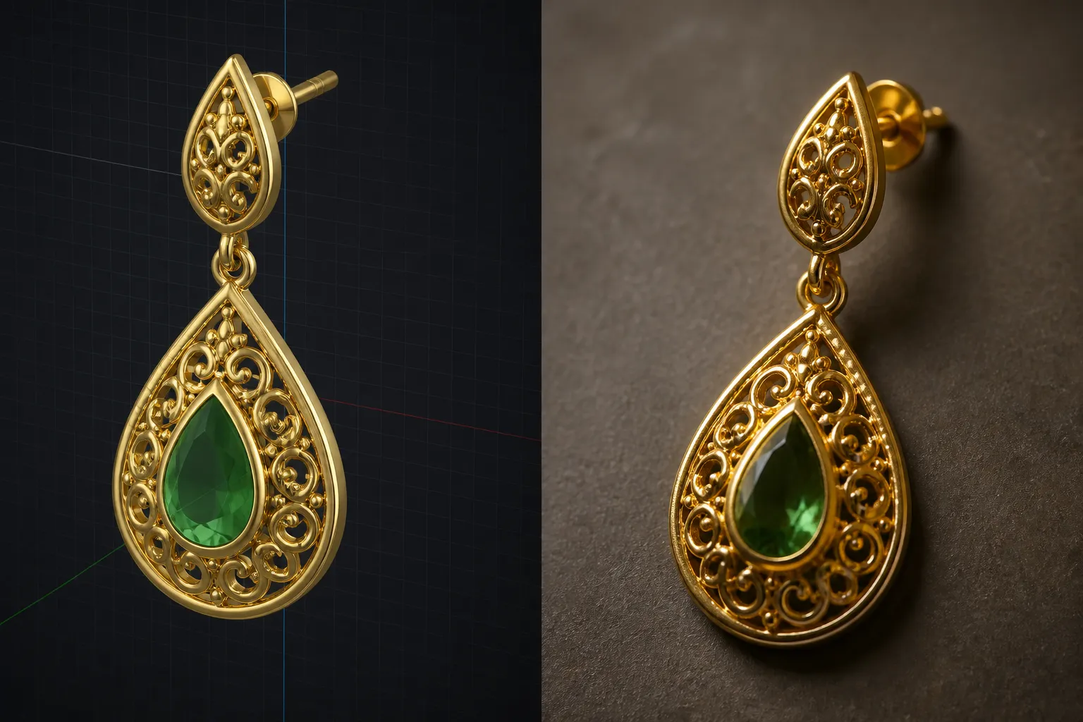 custom jewelry - Split-frame photo showing a jewelry designer's CAD rendering on the left and the finished gold-plated drop earring prototype on the right, illustrating the OEM design-to-production pipeline