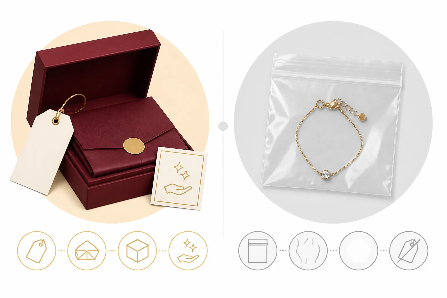 custom jewelry - Annotated diagram of a custom jewelry unboxing — showing logo hang tag, tissue paper with brand color, branded outer box, and care card — versus a plain polybag from a stock wholesale shipment