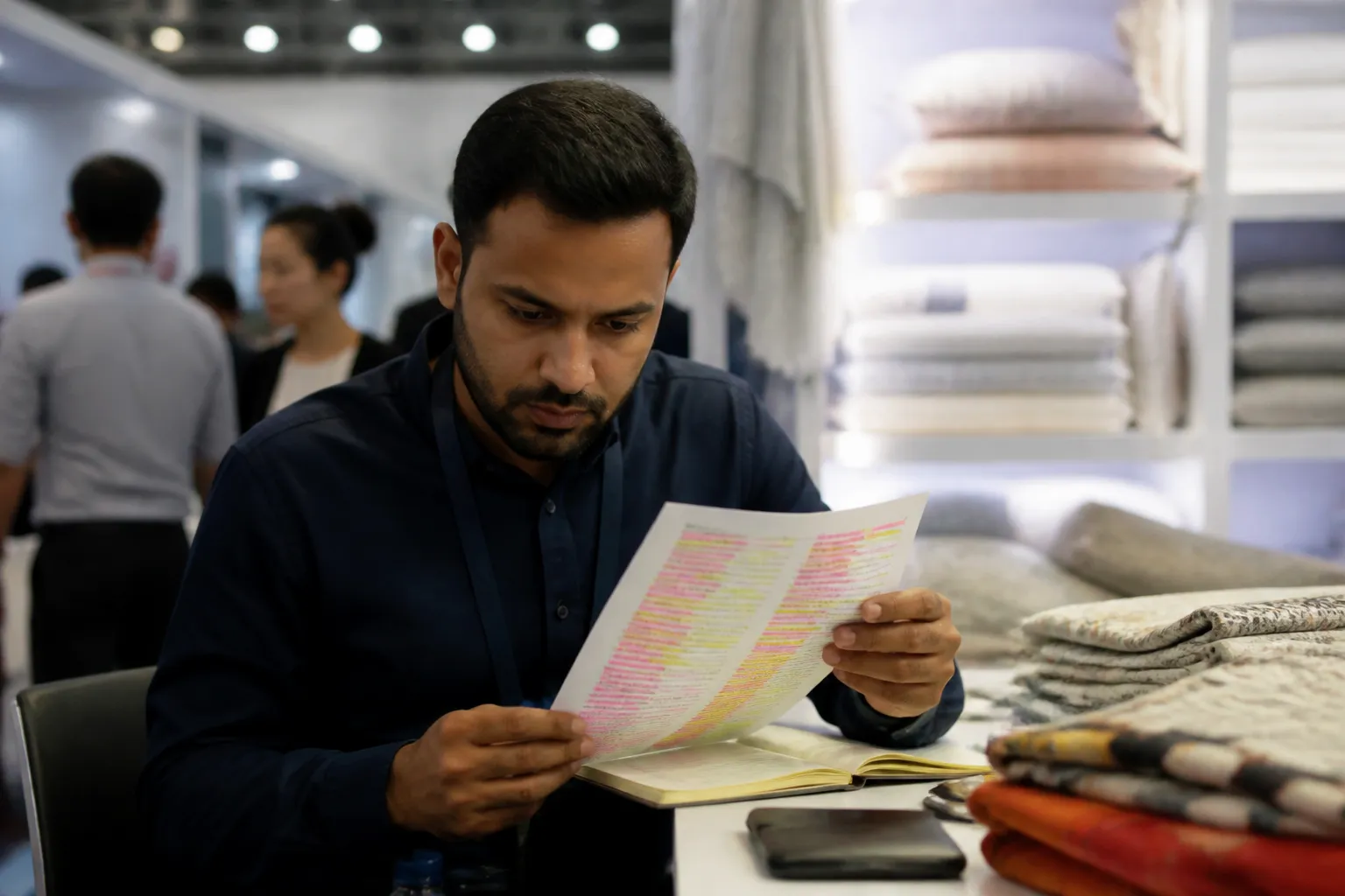 manufacturers synonym - Photorealistic documentary photo of an overseas sourcing buyer reviewing a printed suppliers list with dozens of highlighted terms at a trade show booth, fluorescent overhead lighting, stacked product samples in background, authentic working environment