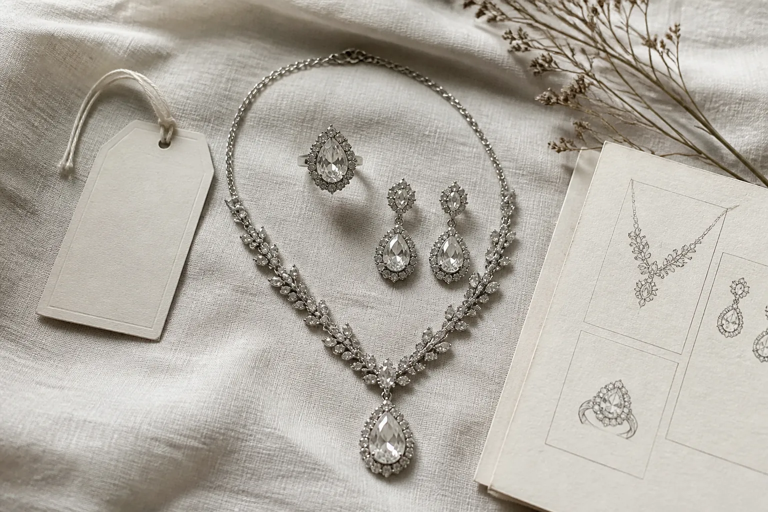 custom jewelry - A flat-lay editorial photo of a complete vintage crystal jewelry set — ring, earrings, and necklace — arranged on textured cream linen beside a branded hang tag and a product spec sheet