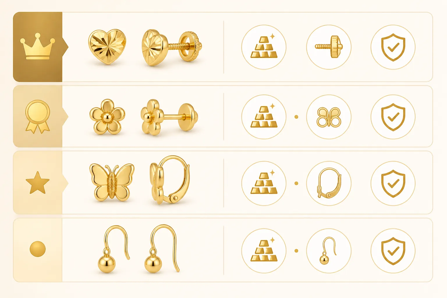 pendientes de bebe oro - Tabla visual comparativa de cuatro pares de pendientes de bebé en distintos rangos de precio, con iconos indicando quilataje, tipo de cierre y certificación de seguridad aplicable