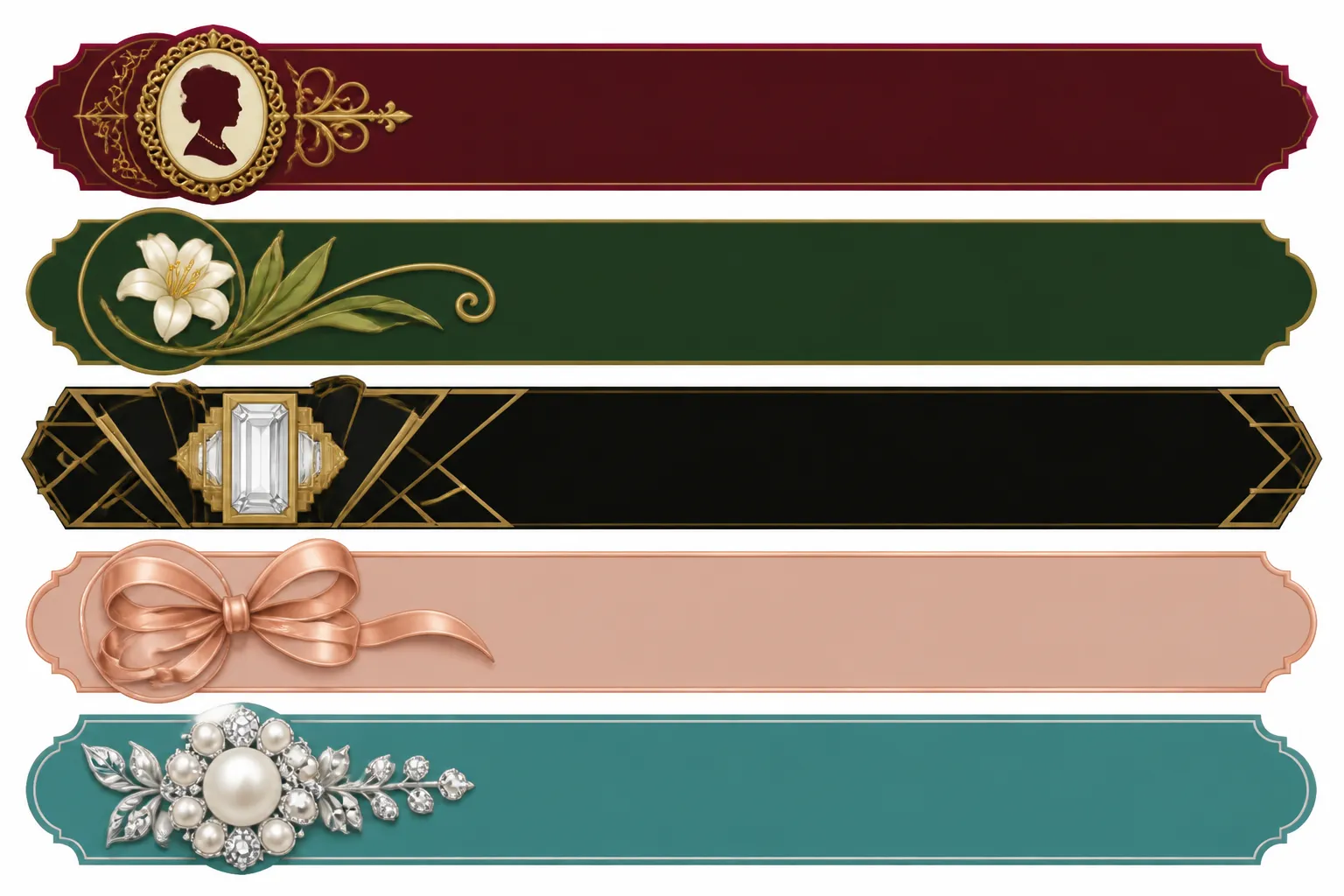bijoux anciens - Clean flat-design informational timeline diagram showing five jewelry eras arranged horizontally — Victorian (deep burgundy), Art Nouveau (forest green), Art Déco (geometric black and gold), Retro (rose and gold), Vintage 1950s (teal) — each band containing a simple minimalist icon representing the era's signature motif: a cameo silhouette, a lily stem, a baguette-cut crystal, a bow ribbon, a pearl cluster — flat design, white background, no photography, no decorative gradients