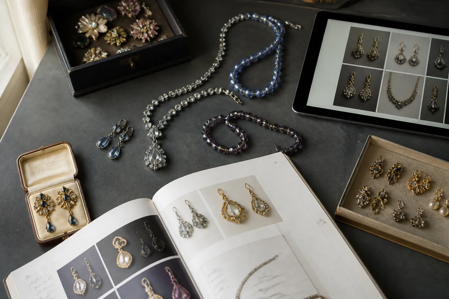 bijoux anciens - Editorial overhead photograph of a professional jewelry sourcing workspace: a spread of vintage-style drop earrings, rhinestone necklaces and glass bead bracelets on a dark matte grey surface, open catalog pages with handwritten annotations in French (style references and order quantities), a tablet showing a product grid interface, soft natural sidelight from the left, authentic working environment, no text overlay on image