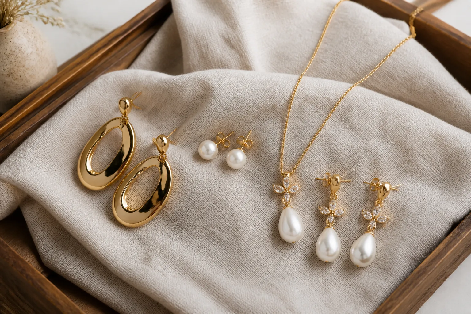 متجر مجوهرات - Photorealistic flat-lay of a curated jewelry collection — gold-plated drop earrings, pearl stud earrings, and a necklace-earring set arranged on a textured linen cloth with a wooden tray, warm natural window light, close-up documentary product photography, no text