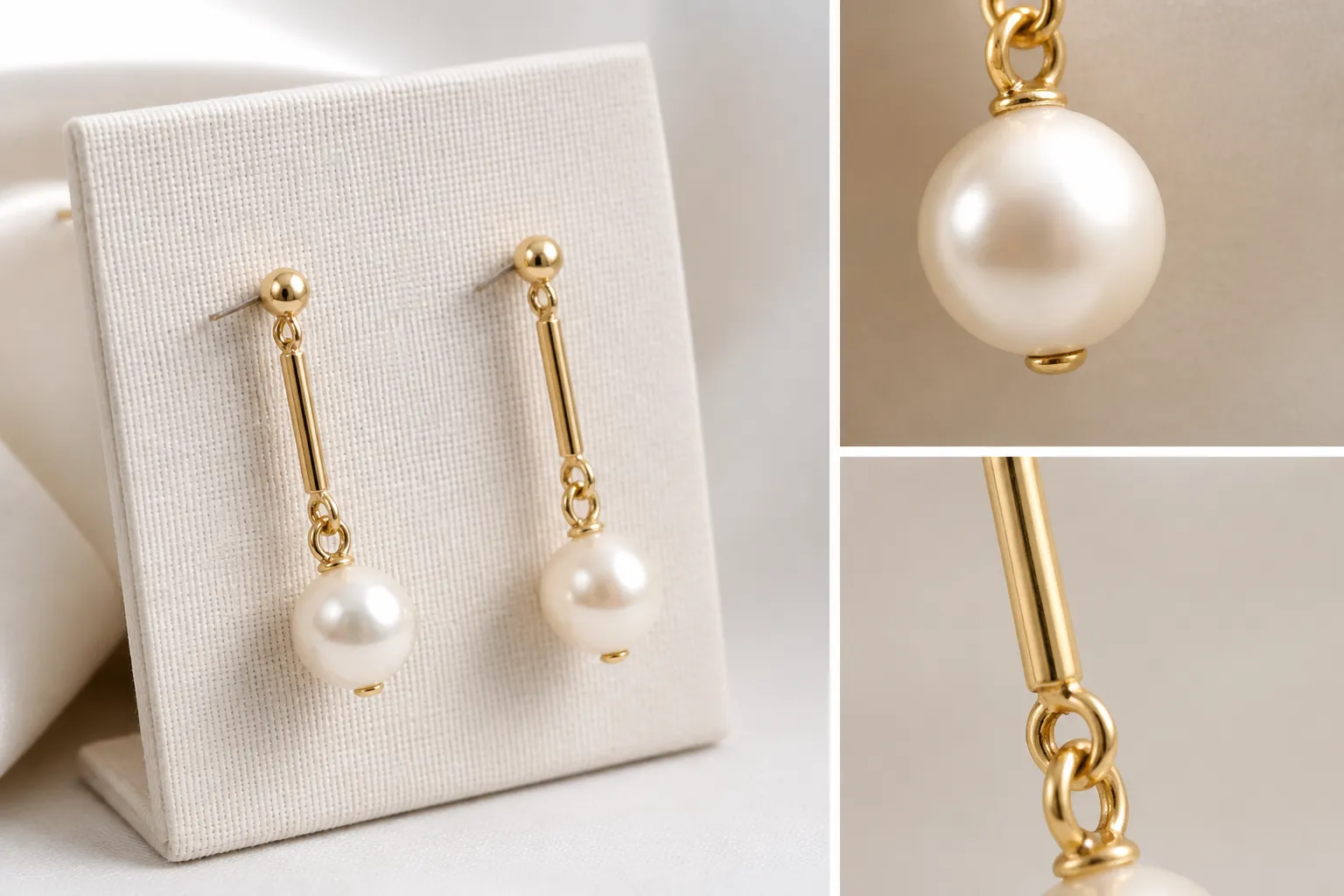 متجر مجوهرات - Annotated product mockup of a gold-plated copper minimalist bar pearl drop stud earring pair on a cream-colored display card, with close-up insets showing the pearl finish quality and bar detail, soft diffused studio lighting, clean jewelry photography on white background, no text
