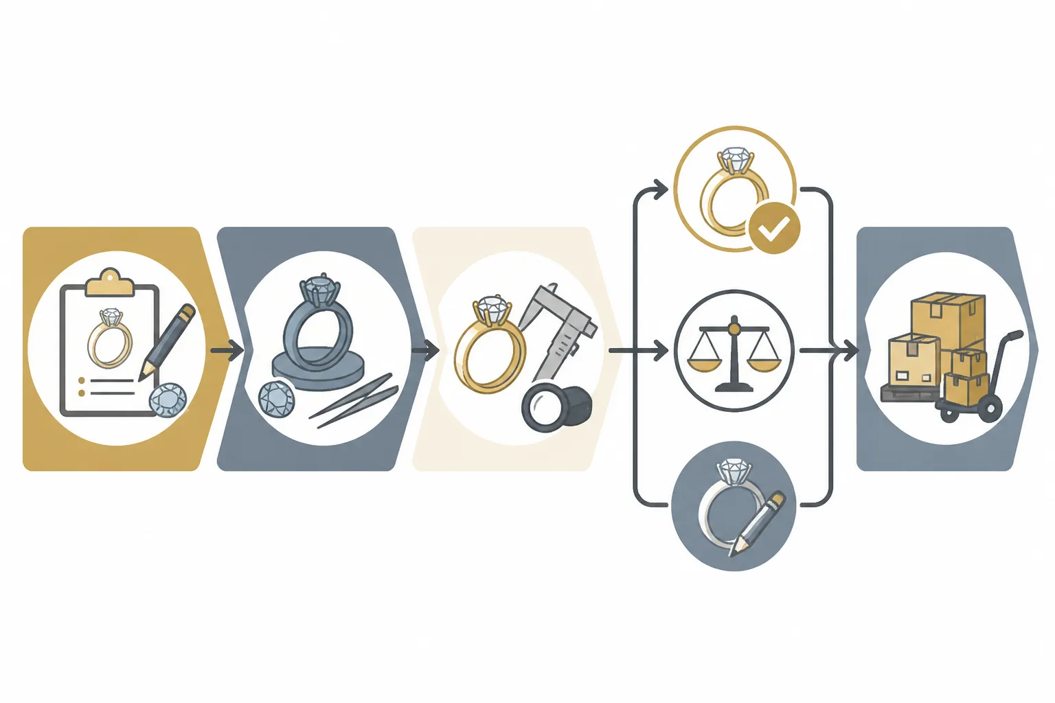 custom jewelry - Annotated diagram of a custom jewelry OEM production workflow — from buyer brief to factory sampling to in-house QC inspection to final shipment — showing decision points and typical stage durations for B2B importers