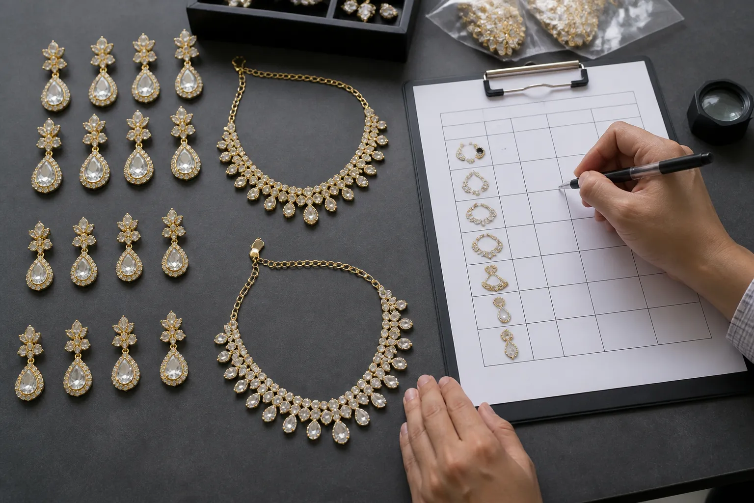 custom jewelry - Editorial photo showing jewelry samples laid out on a procurement table — gold-plated drop earrings and rhinestone necklace sets — alongside a QC checklist, illustrating the B2B inspection and approval workflow before shipment
