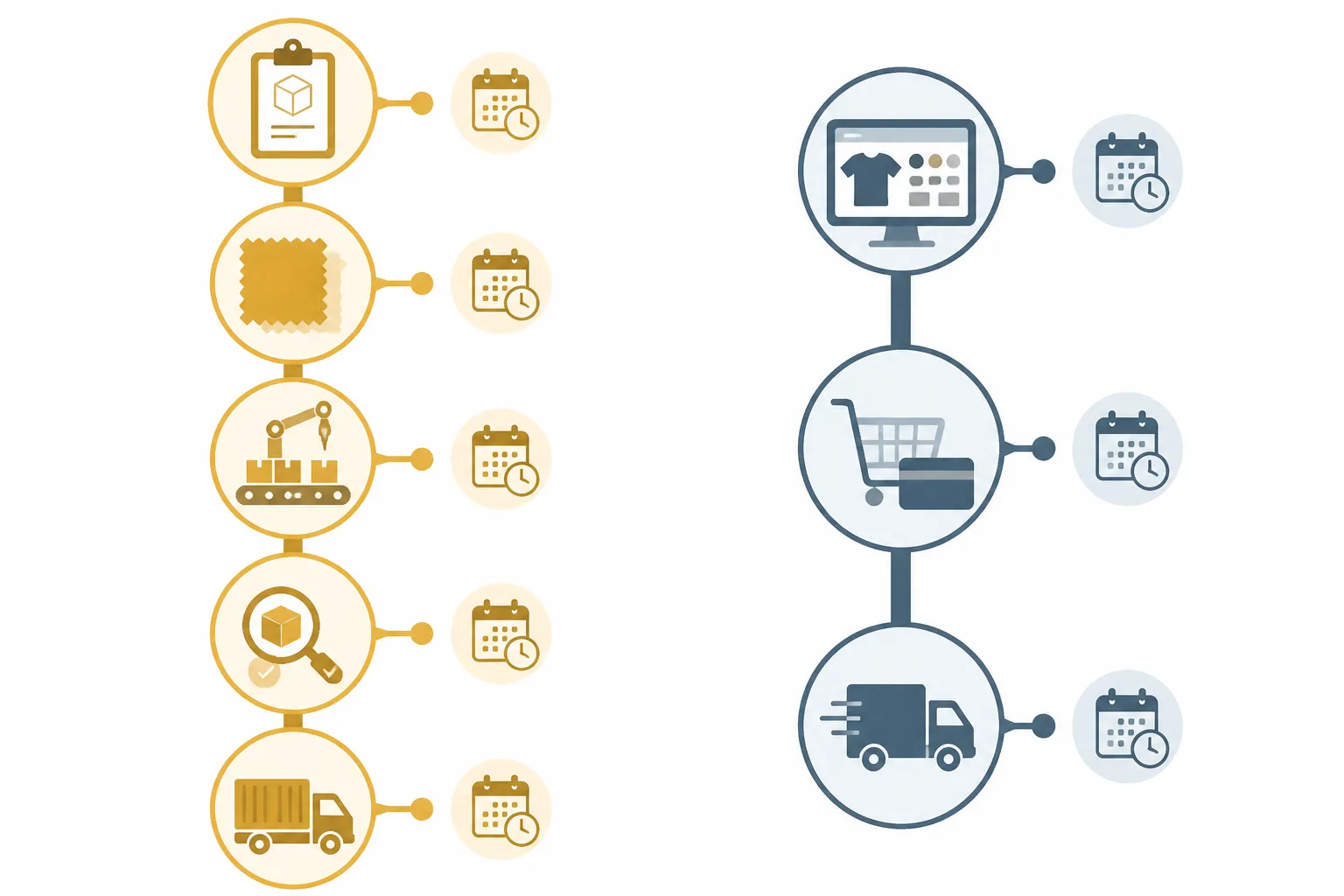 custom jewelry - Informational side-by-side timeline diagram comparing the custom OEM sourcing path (brief → sample approval → production → QC → shipment) against the retail platform path (configure → checkout → ship), with approximate time ranges labeled at each stage to help buyers plan procurement cycles