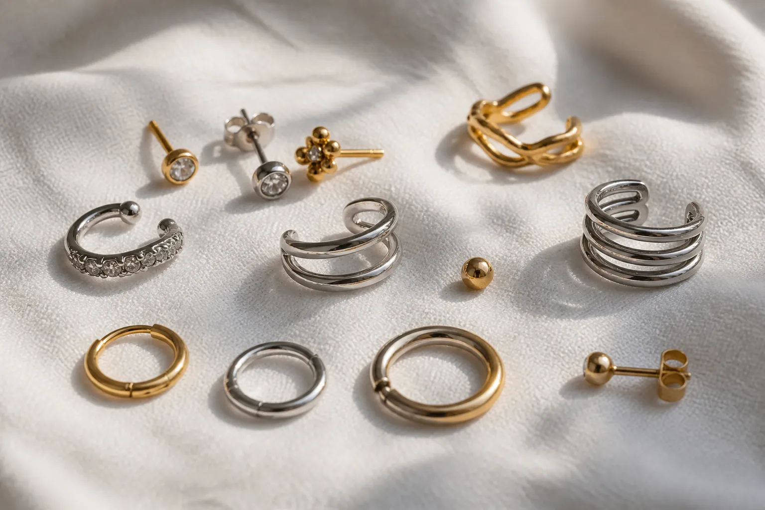 piercing schmuck - Photorealistic close-up flat-lay of assorted piercing jewelry pieces — gold-plated and rhodium-plated stud earrings, small hoop rings, cartilage cuffs — arranged on a white linen surface with soft natural side-lighting, each piece showing clear material texture and finish detail