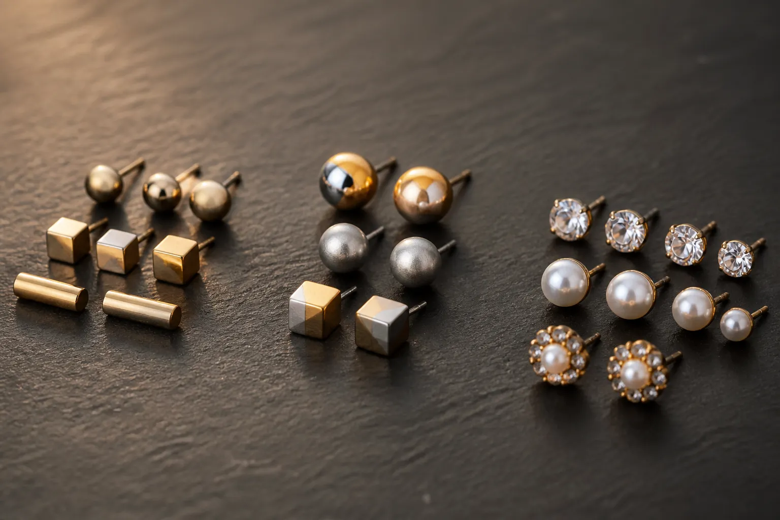 piercing schmuck - Editorial flat-lay photograph of a curated collection of stud earrings arranged by style category on a dark matte surface — left cluster: minimalist gold metal pieces; center cluster: two-tone spherical and geometric studs; right cluster: rhinestone and pearl accent studs — each cluster softly labeled with a small white card, warm overhead studio light