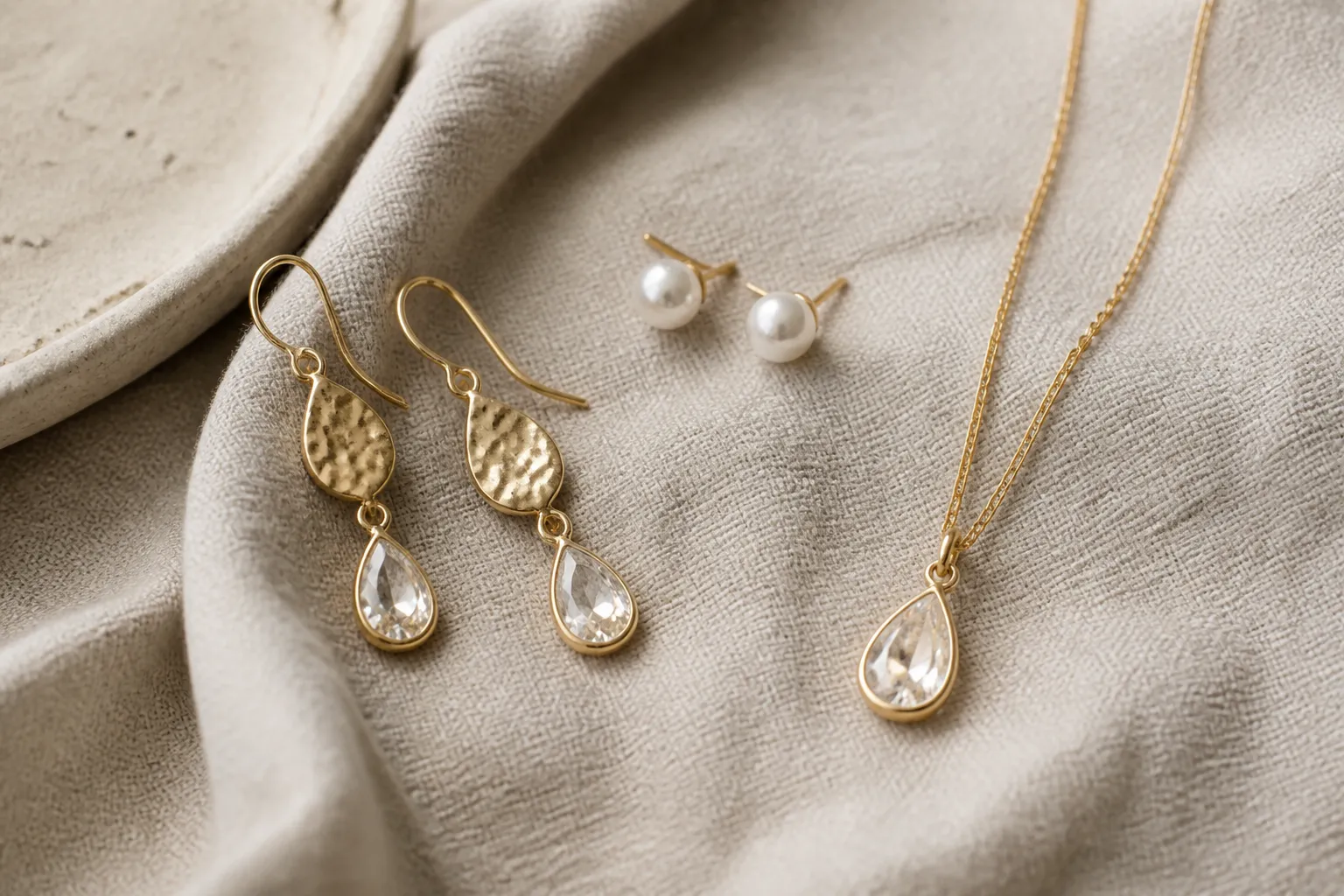مجوهرات الاناقة - Photorealistic editorial flat-lay of gold-plated drop earrings, pearl stud earrings, and a crystal necklace set arranged on cream linen fabric, soft natural window light from the left, shallow depth of field highlighting surface texture and craftsmanship details, no text or labels