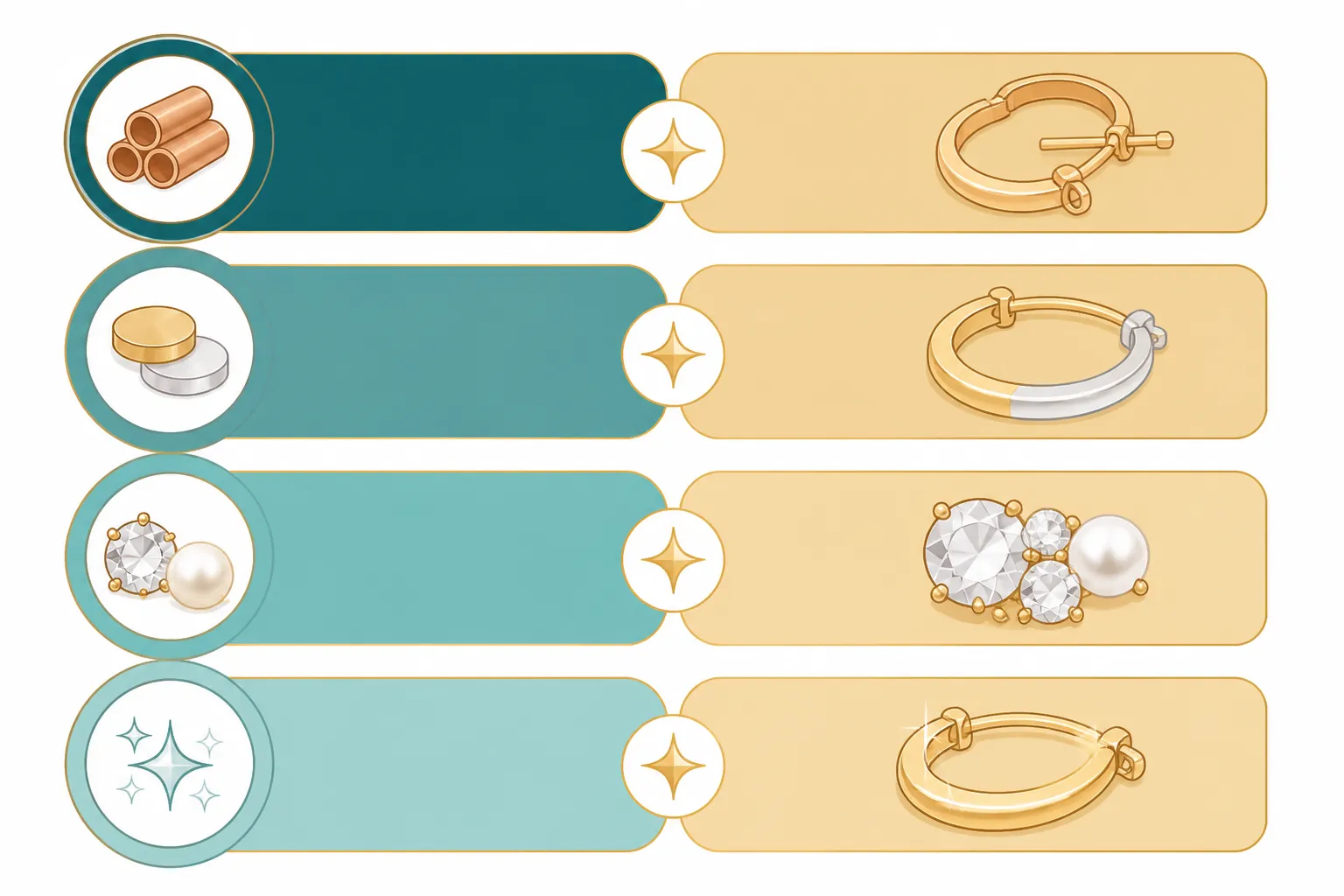 مجوهرات الاناقة - Clean flat-design infographic diagram showing four quality pillars of elegant jewelry arranged in a horizontal flow: base metal type (copper icon), plating method (gold and rhodium icons), stone/bead material (crystal and pearl icons), and surface finishing technique (polish icon) — teal and warm-gold color zones, simple line icons, white background, Arabic labels under each pillar, no decorative gradients