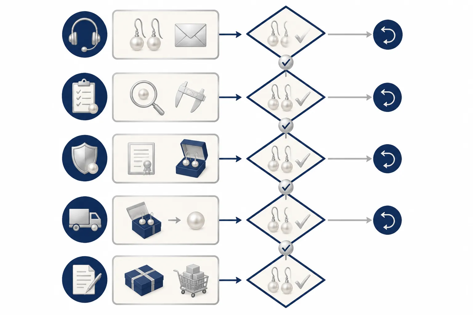 pendientes perla plata - Infografía de flujo de proceso de evaluación de proveedor de pendientes perla plata: desde primera toma de contacto hasta pedido en firme, con puntos de verificación y decisiones clave en cada etapa