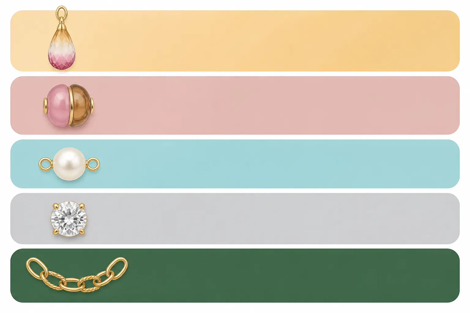 bijoux tendances - Clean flat-design infographic showing five jewelry trend families of 2026 — gradient crystal drops, two-tone glass bead sets, pearl accents, rhinestone studs, vintage chains — each in a distinct color zone (warm gold, dusty rose, turquoise, silver-gray, deep green) with a simple jewelry icon per zone, white background, French labels in a clean sans-serif font