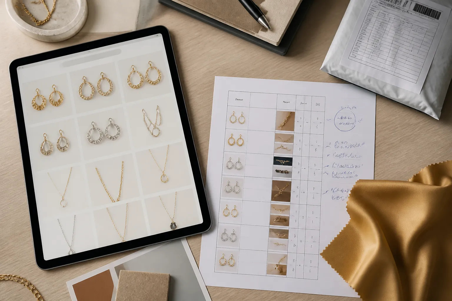 bijoux tendances - Editorial top-down photo of a procurement workspace — a tablet displaying a jewelry catalog open on earring and necklace sets, a printed MOQ specification sheet with handwritten notes, a gold-toned fabric swatch, and a international shipping label, arranged on a light wood desk with soft overhead office lighting, no people in frame