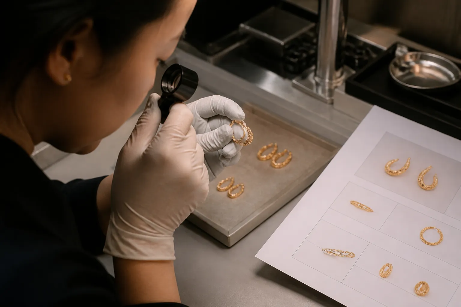 pendientes oro 18k - Técnico de control de calidad examinando con lupa pendientes de oro en una mesa de inspección de taller, con ficha de especificaciones visible al lado