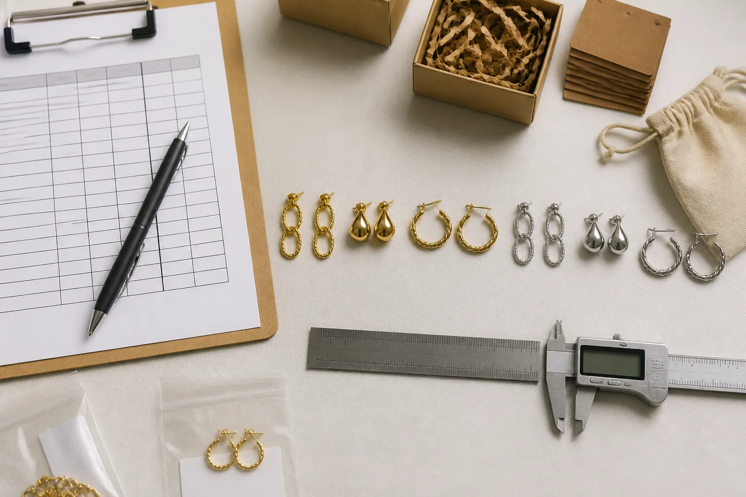 custom jewelry - Flat-lay of a jewelry buyer's evaluation setup — sample earrings in gold and rhodium finishes arranged on a light table, alongside a checklist of sourcing criteria, small-batch packaging, and a ruler measuring piece dimensions
