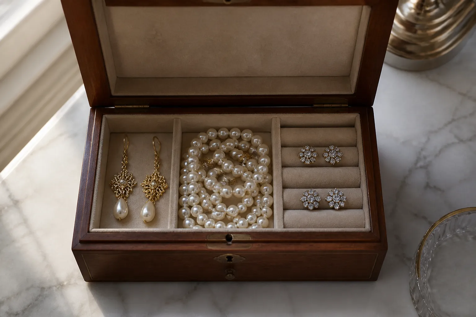 schmuck aufbewahrung - Photorealistic top-down shot of an open wooden jewelry box on a light marble vanity surface, showing neatly separated compartments with gold-plated drop earrings on the left, pearl necklaces coiled individually in the center, and rhinestone stud earrings paired in small velvet-lined slots on the right, natural morning window light from the upper left, shallow depth of field, documentary photography style