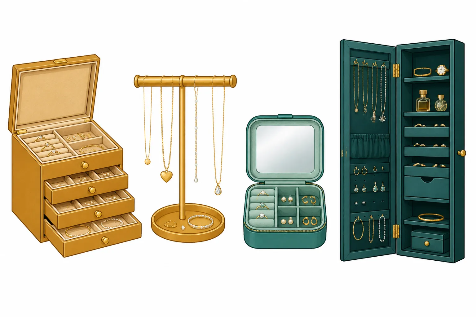 schmuck aufbewahrung - Clean flat-design infographic showing four jewelry storage types side by side — Schmuckkasten (open box with drawers and velvet-lined compartments), Schmuckständer (T-bar stand with hanging necklaces), Schmuckschatulle mit Spiegel (compact bamboo case, lid open), Schmuckschrank (tall wall-mounted cabinet with open door revealing hooks and shelves) — each labeled in German, distinct warm-gold and teal color zones, simple outline icons, white background, no decorative elements