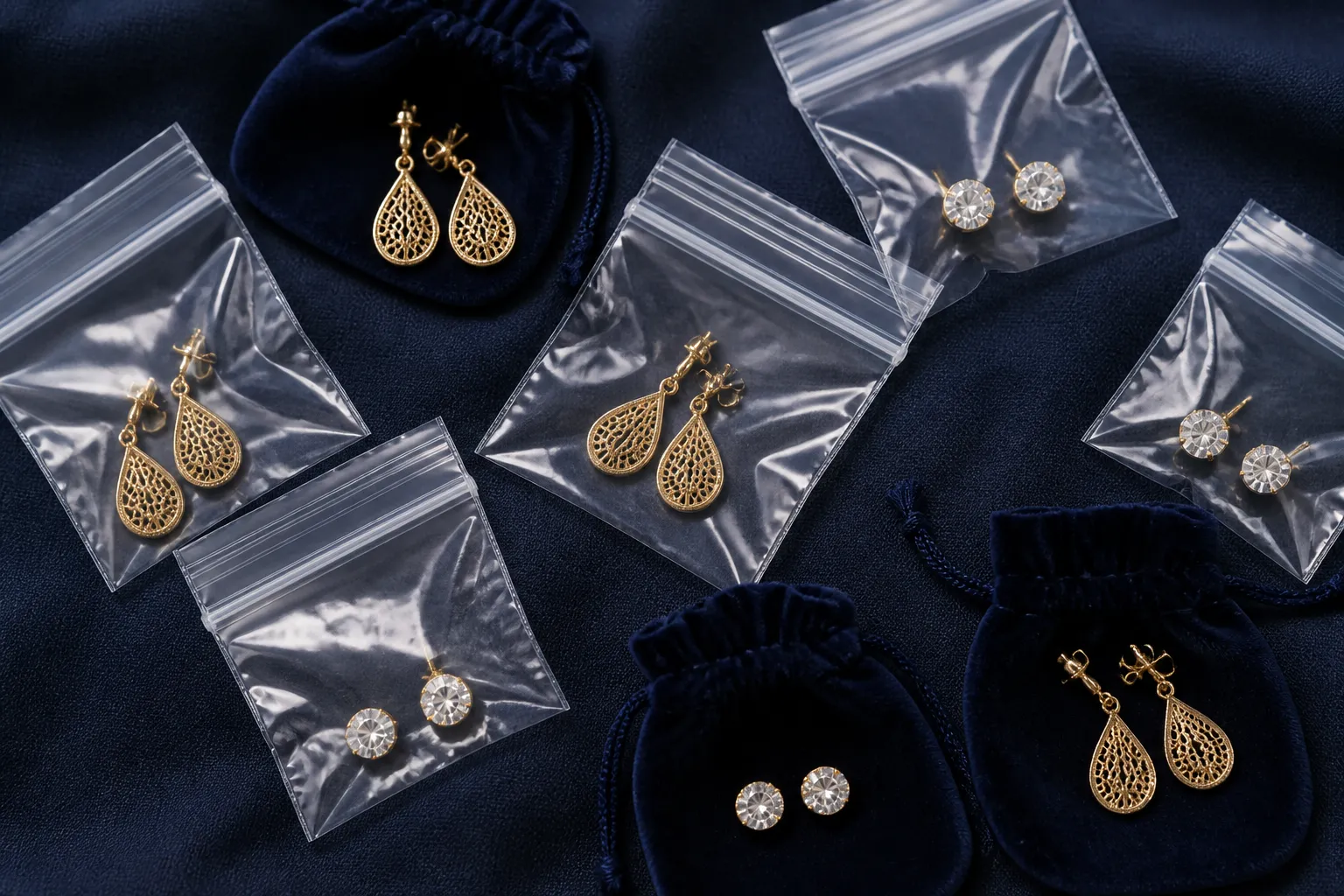 schmuck aufbewahrung - Editorial conceptual photo showing a close-up flat-lay arrangement of gold-plated drop earrings and rhinestone stud earrings separated into individual transparent zip-lock bags and velvet pouches, laid out on dark navy blue fabric, soft overhead studio lighting highlighting metallic surfaces and crystal facets, authentic product-handling context