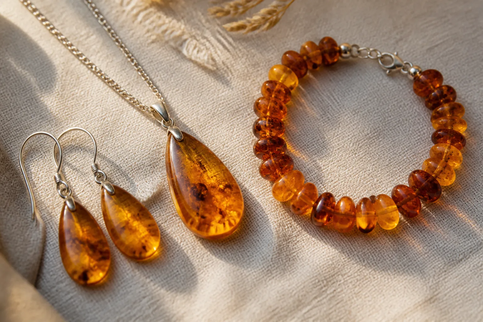 bernstein schmuck - Photorealistic close-up of a curated arrangement of polished amber jewelry pieces — a pendant necklace, a pair of drop earrings, and a beaded bracelet — laid on natural Baltic linen fabric, warm honey-gold and cognac amber tones catching soft side window light, documentary jewelry photography style with shallow depth of field