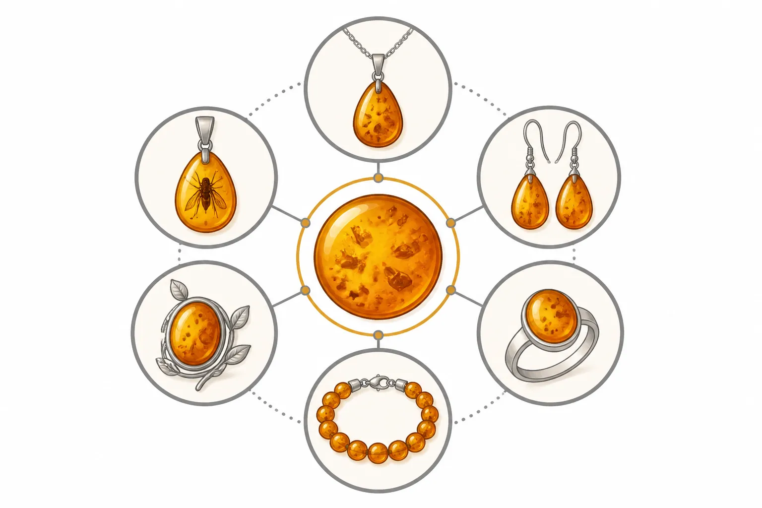 bernstein schmuck - Clean flat-design informational diagram showing six amber jewelry categories — necklace, drop earrings, ring, bracelet, brooch, and inclusion pendant — arranged in a radial layout around a central amber-colored circle, warm honey-yellow and neutral stone-gray palette, white background, simple flat icons per category, no text