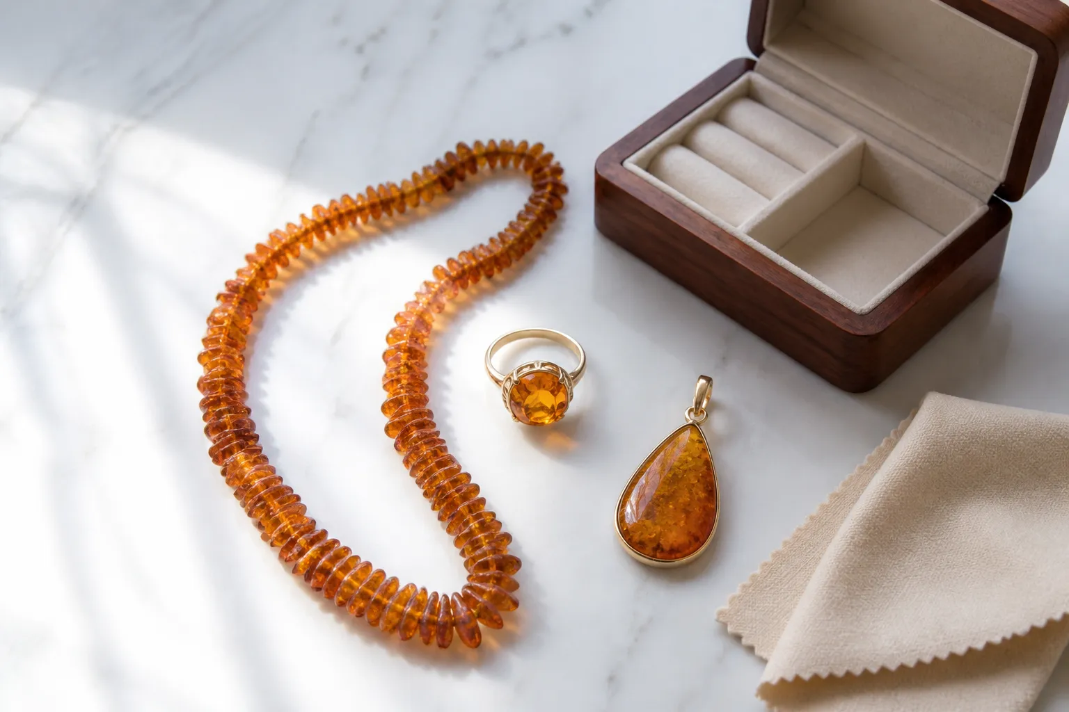 bernstein schmuck - Editorial top-down photograph of a white marble surface with three amber jewelry pieces — a beaded necklace, a ring, and a pendant — arranged neatly alongside a small folded microfiber cloth and a wooden jewelry box with velvet lining, soft natural morning light from the left, calm and instructional composition