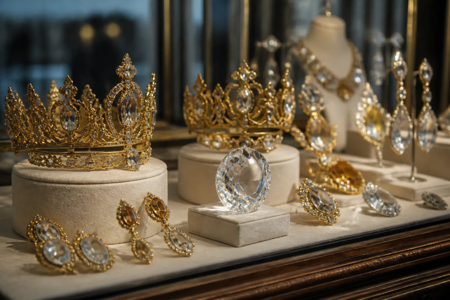 bijoux louvre retrouvés - Vue éditoriale d'une vitrine de bijoux fantaisie inspirée des parures historiques muséales — couronnes, cristaux facettés et dorures impériales revisitées en version accessible, présentées sur fond velours crème