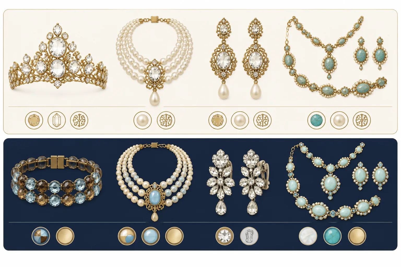bijoux louvre retrouvés - Infographie comparative montrant l'esthétique des bijoux historiques muséaux (cristaux taillés, perles, dorures) face aux équivalents fantaisie modernes — parures vintage en verre bicolore, boucles rhinestone, sets nacre et turquoise — avec indication des matières et finitions disponibles en OEM