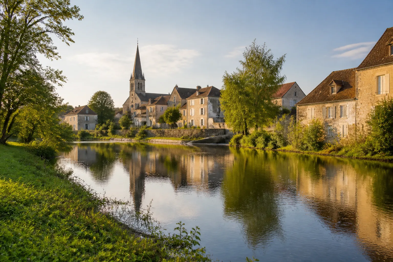 argent sur sauldre - Vue panoramique d'Argent-sur-Sauldre avec la rivière Sauldre au premier plan, illustrant le contexte géographique et artisanal de la commune pour les acheteurs de bijoux qui cherchent à comprendre l'origine de ce point de sourcing