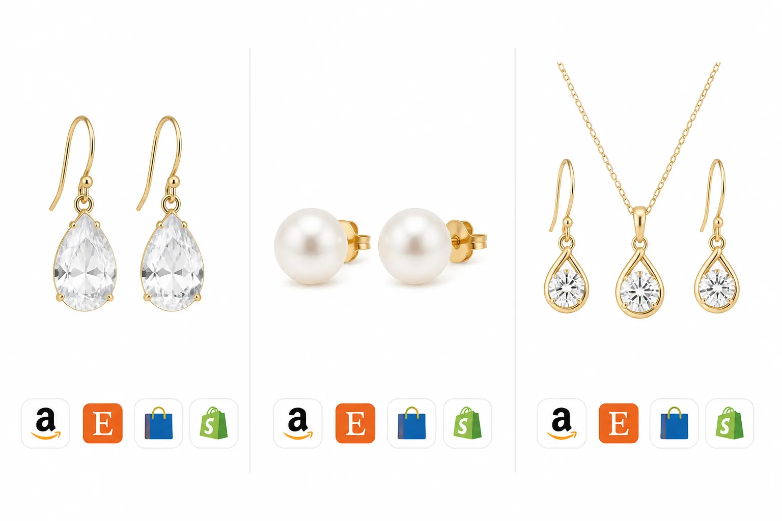 argent sur sauldre - Tableau comparatif visuel montrant différents styles de bijoux — boucles d'oreilles pendantes en cristal, studs en perles, sets collier et boucles — accompagnés des logos et noms des principales plateformes d'approvisionnement mondiales, à destination des acheteurs professionnels internationaux