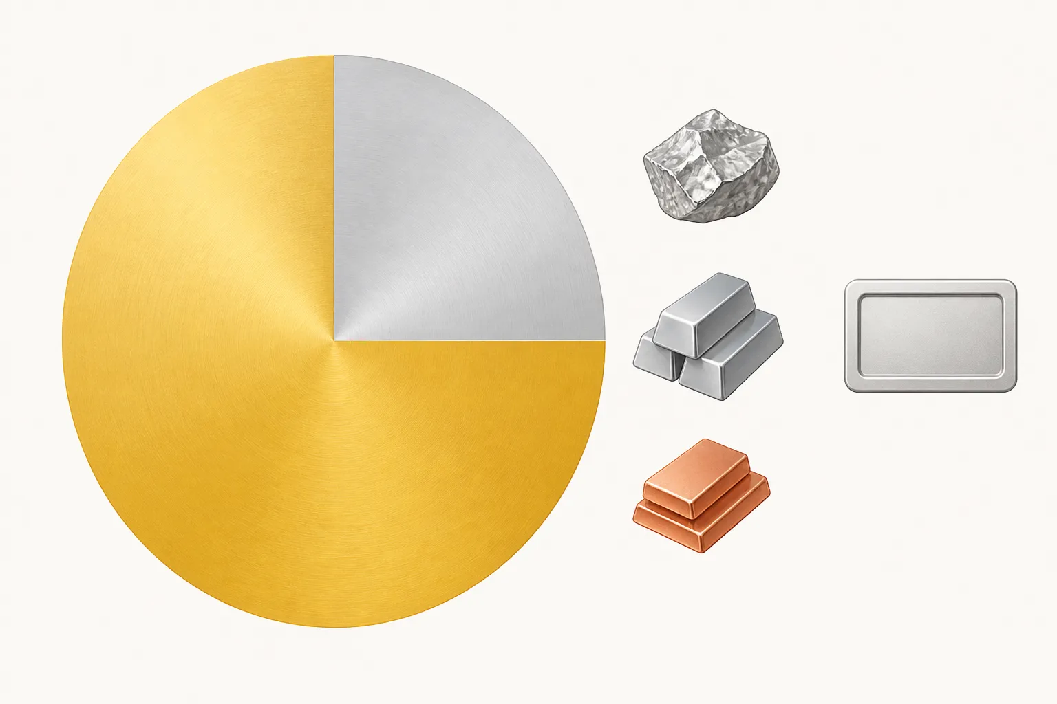 oro blanco - Diagrama informativo sobre fondo claro que ilustra la composición de una aleación de oro blanco de 18 quilates: un círculo dividido en 75% oro puro (dorado) y 25% metales blancos (gris), con etiquetas que señalan paladio, plata y cobre como componentes típicos del segmento aleante, junto a la marca 18K estampada en el lateral