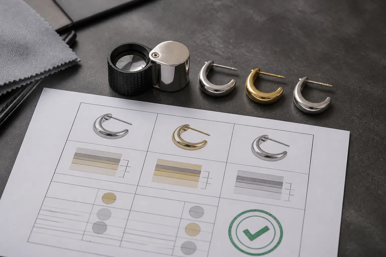 oro blanco - Foto editorial de una mesa de trabajo de comprador B2B con una lupa de joyero sobre tres muestras de pendientes con distintos acabados metálicos (rodio, oro chapado, plata), junto a una ficha técnica impresa con quilataje, grosor de recubrimiento y resultado de certificación REACH visibles