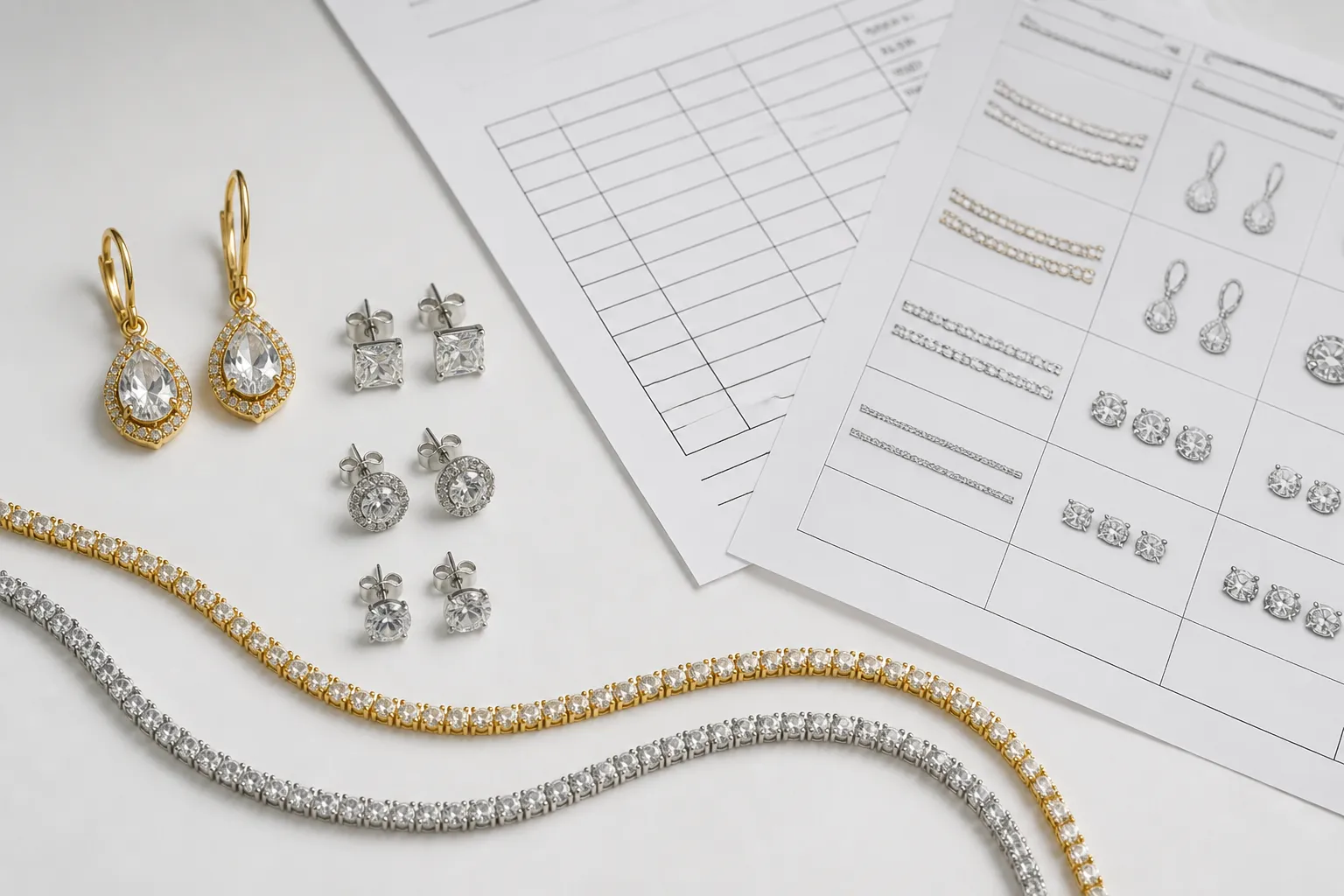 custom jewelry - Photorealistic flat-lay of gold-plated and rhodium-plated OEM jewelry samples — drop earrings, stud sets, and rhinestone necklaces — arranged on a white procurement desk alongside a purchase order form and material spec sheet