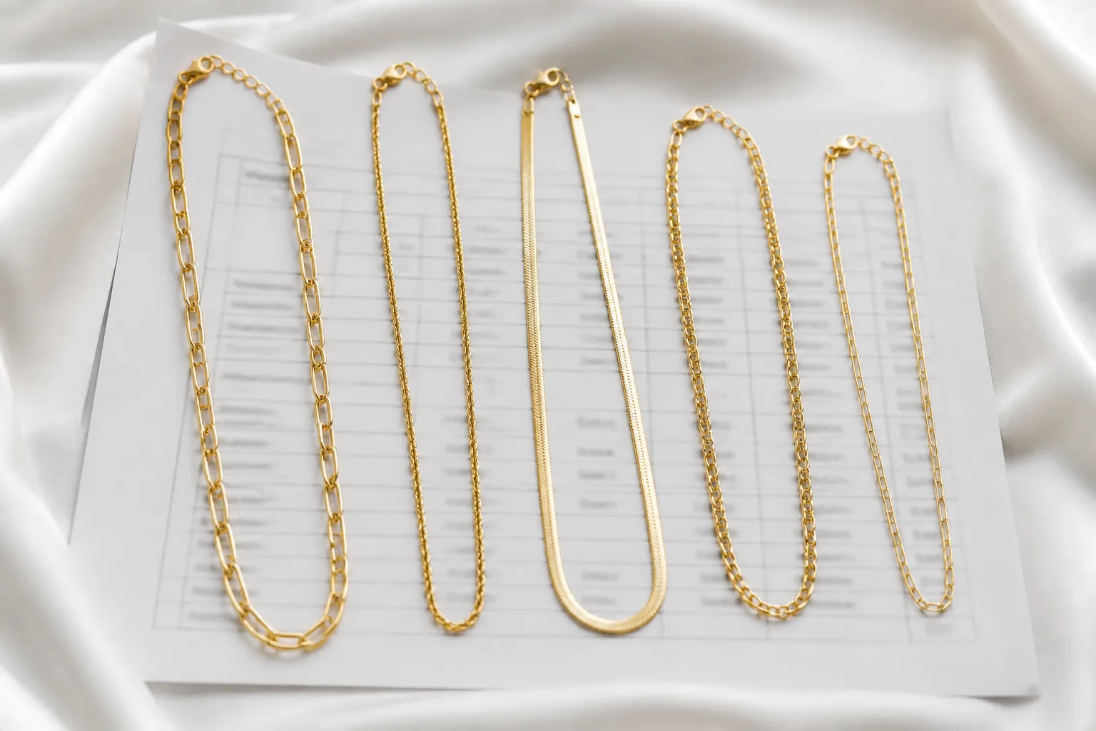 goldkette damen - Photorealistisches Produktfoto: Mehrere vergoldete Damenketten (verschiedene Kettenglieder und Längen) auf weißem Seidengrund angeordnet, mit einer digitalen Bestellübersicht im Hintergrund, die MOQ-Angaben und Stückpreise zeigt