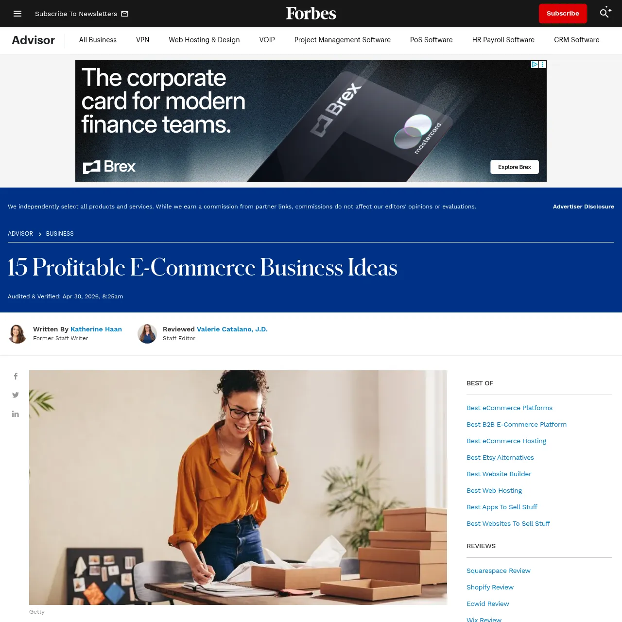 Forbes Advisor:"15个盈利的电商业务创意"界面