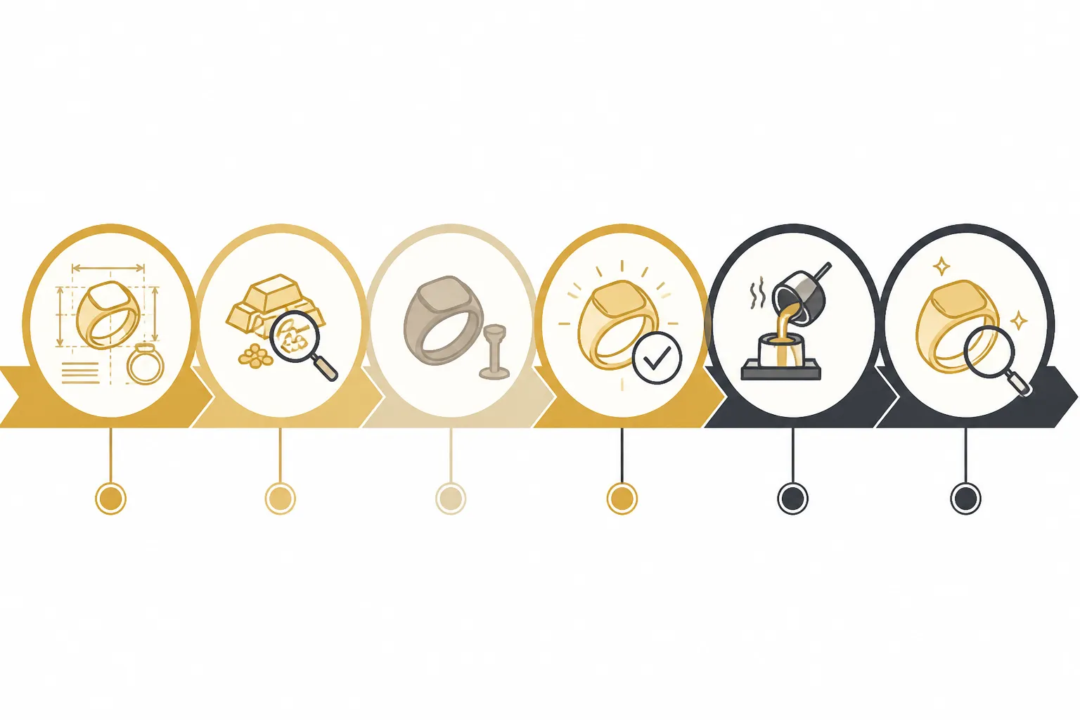 chevalière homme or - Infographie étape par étape du processus d'achat d'une chevalière homme or — de la définition du cahier des charges à la réception et contrôle de la pièce, avec icônes pour chaque étape