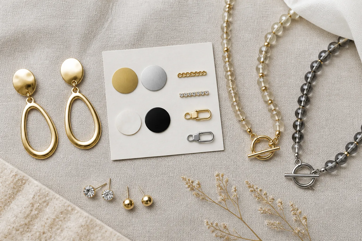 custom jewelry - Flat-lay of custom OEM jewelry samples — gold-plated drop earrings, rhinestone studs, and two-tone glass bead necklace sets arranged on a neutral linen surface with a specification card showing material callouts and plating type